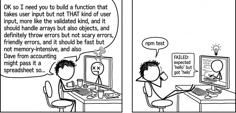 LLMs understand you better when you show them what's broken instead of explaining perfect.
(Image credit, created using AI in the style of [xkcd](https://xkcd.com/))
