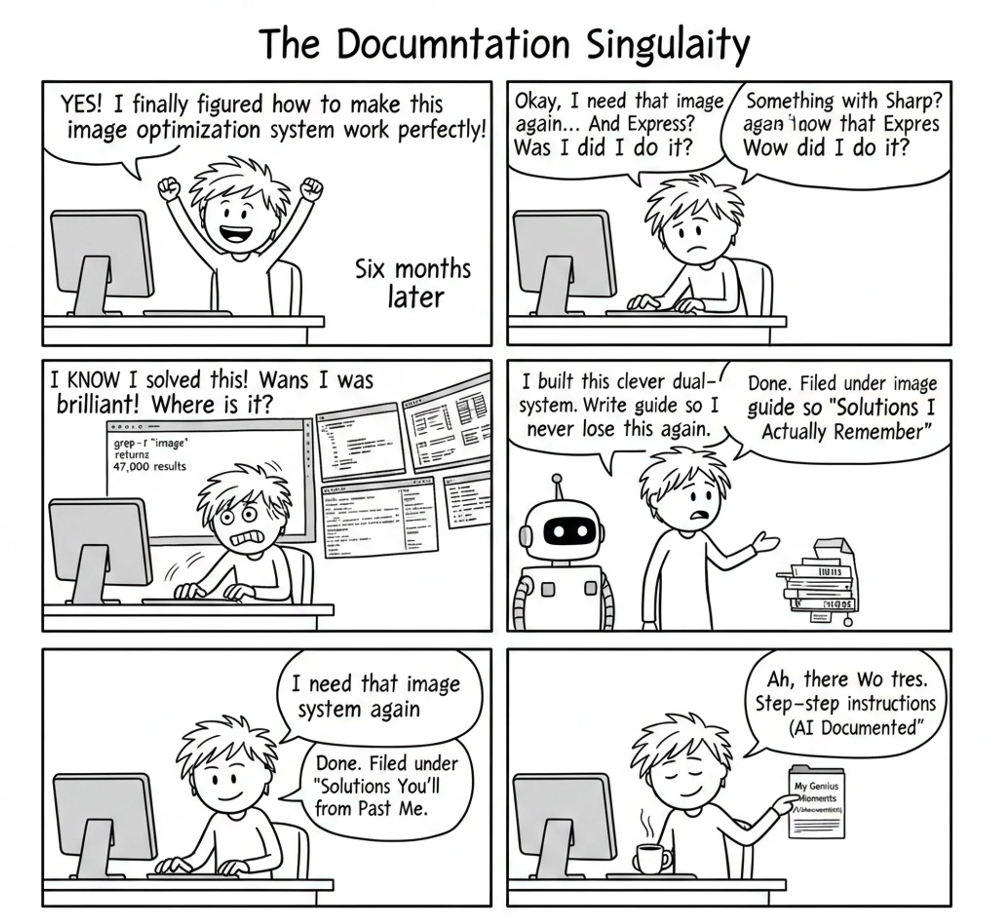 A developer discovers the power of documenting solutions with AI assistance, preventing the all-too-common "I know I solved this before" frustration.
(Image credit, created using AI) Yes, I see the errors in the dialog but "documentation singularity" says it all.
