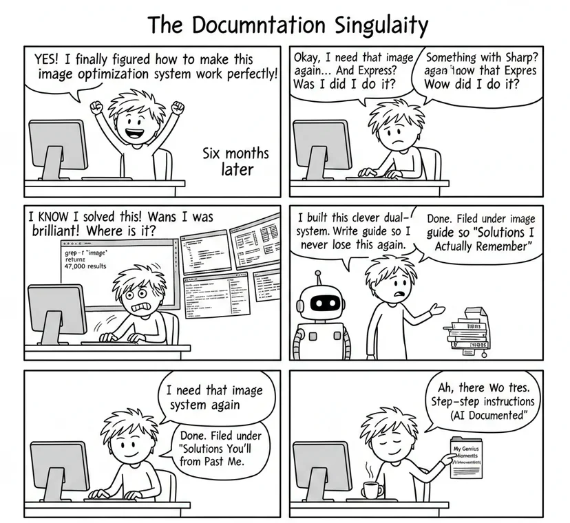 A developer discovers the power of documenting solutions with AI assistance, preventing the all-too-common "I know I solved this before" frustration.
(Image credit, created using AI) Yes, I see the errors in the dialog but "documentation singularity" says it all.