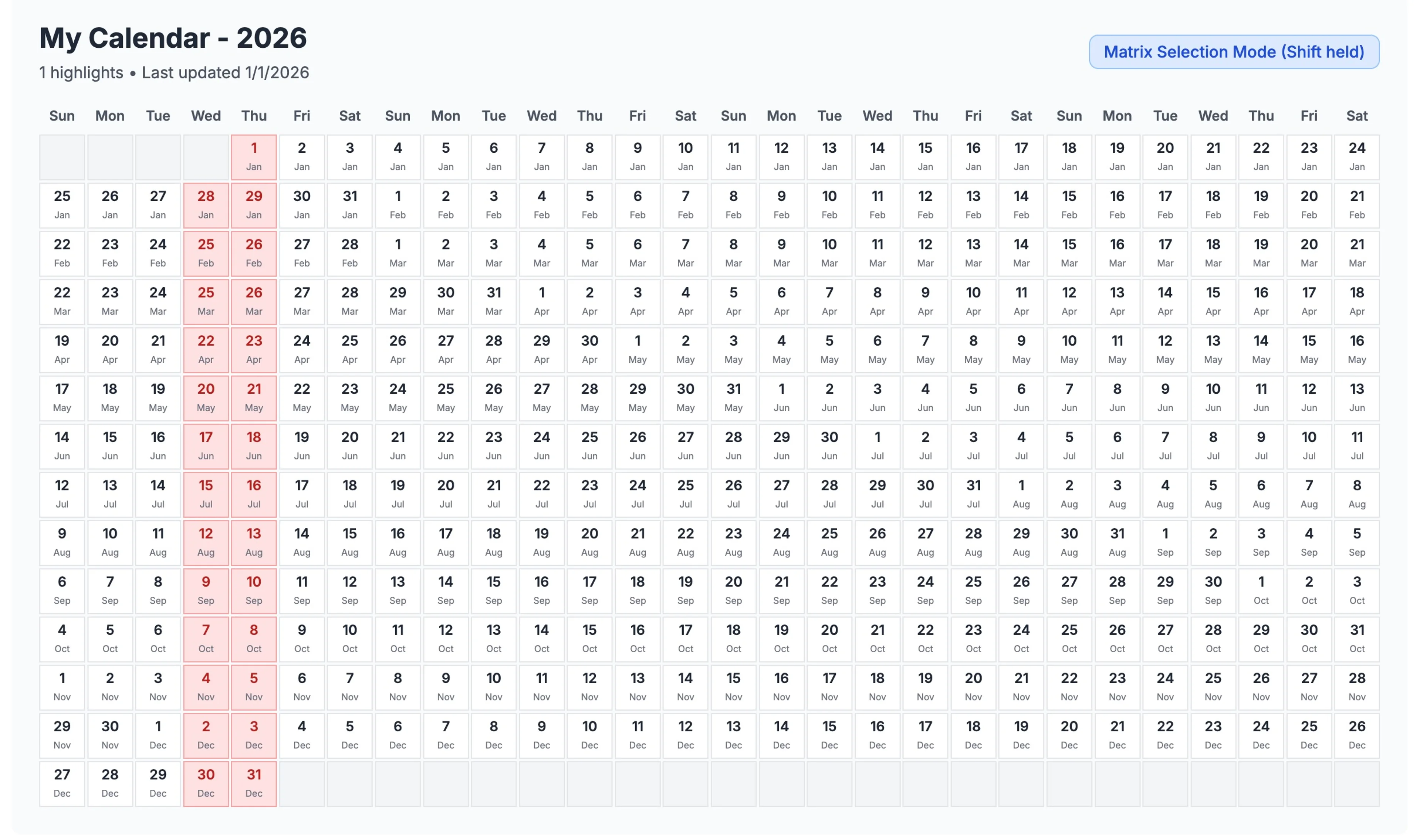 Monthly view of the calendar matrix showing the full year layout