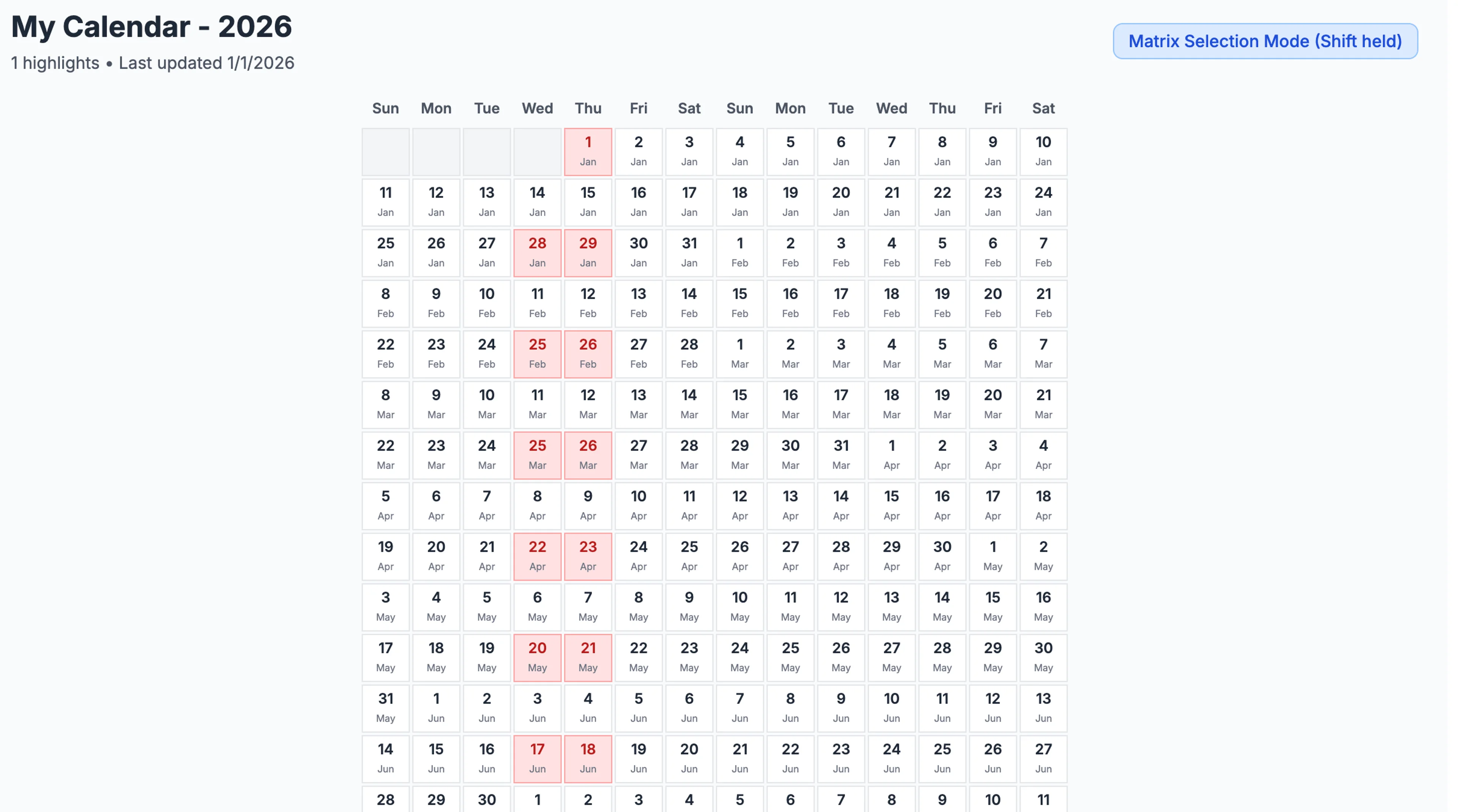 a 14 day wide view of the same calendar
