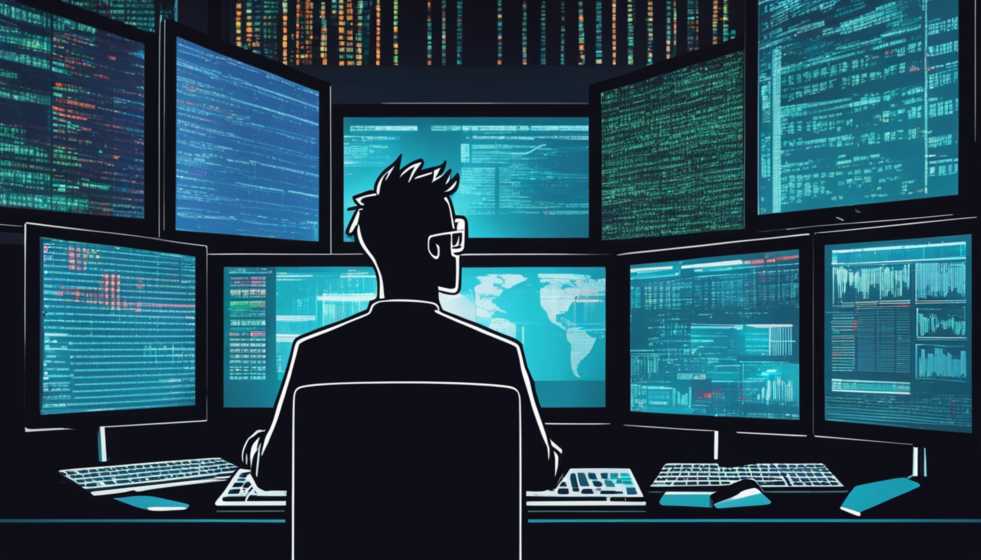 An image of a hacker in front of many screens. The part of the movie where they solve an impossibly difficult problem in just a few seconds.