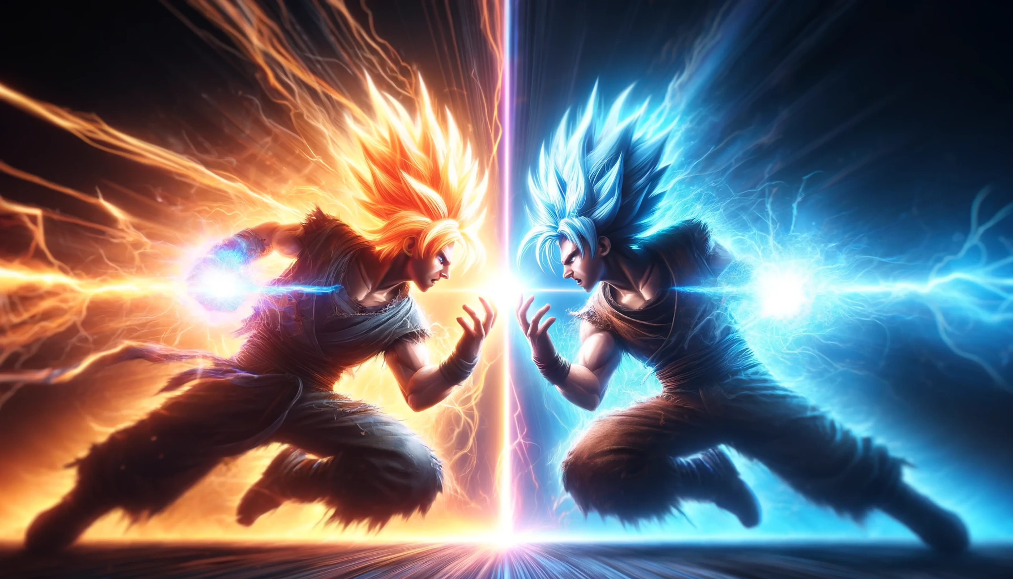 two super saiyans whos energy is projected toward each other with a shallow depth of field, intense faces