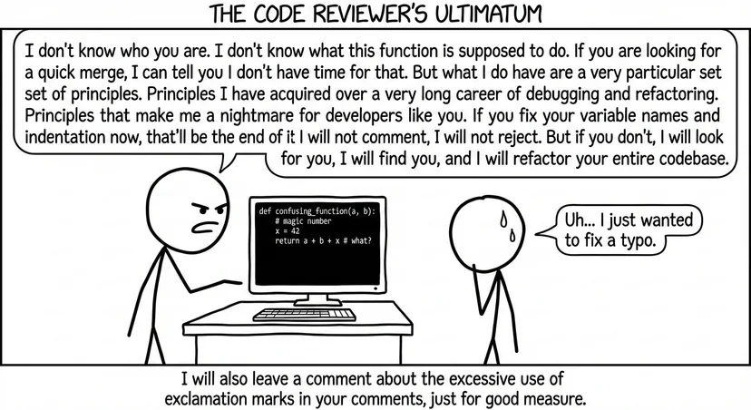 If Liam Neeson's Bryan Mills character was your code reviewer
(Image credit: Generated using AI in the style of [xkcd](https://www.xkcd.com)). 
Not a recommended review technique, lol.
